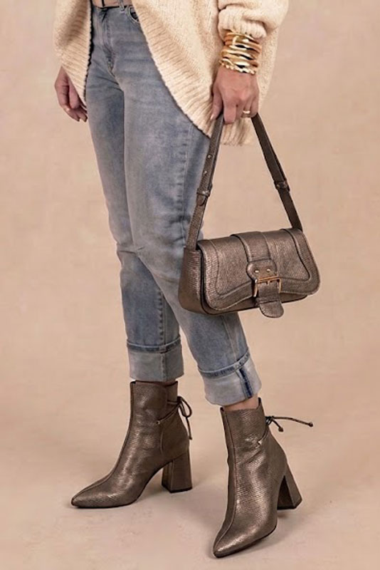 Dress ankle boots back laces in bronze beige leather with high flare heels and tapered toe - Top view